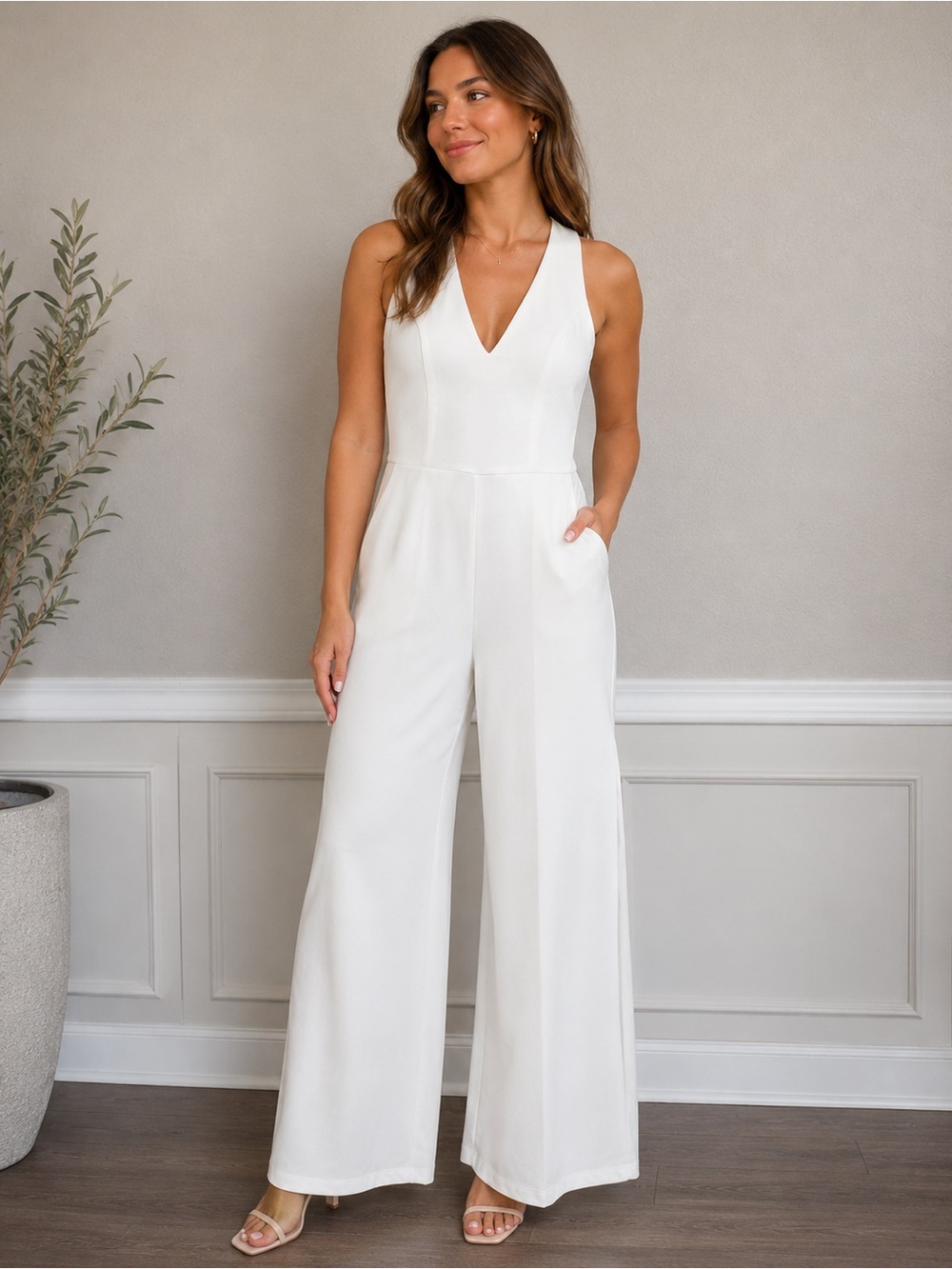 Trixxi White Sleeveless V-Neck Wide-Leg Jumpsuit